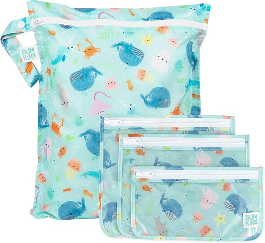 Bumkins - Waterproof Wet Bag & Clear Travel Bags - For Beach, Baby, Travel, Swim Suit, Cloth Diapers, Pump Parts, Pool, Gym, Toiletries - Reusable & Easy to Clean - Ocean Life Blue - 4 Pack