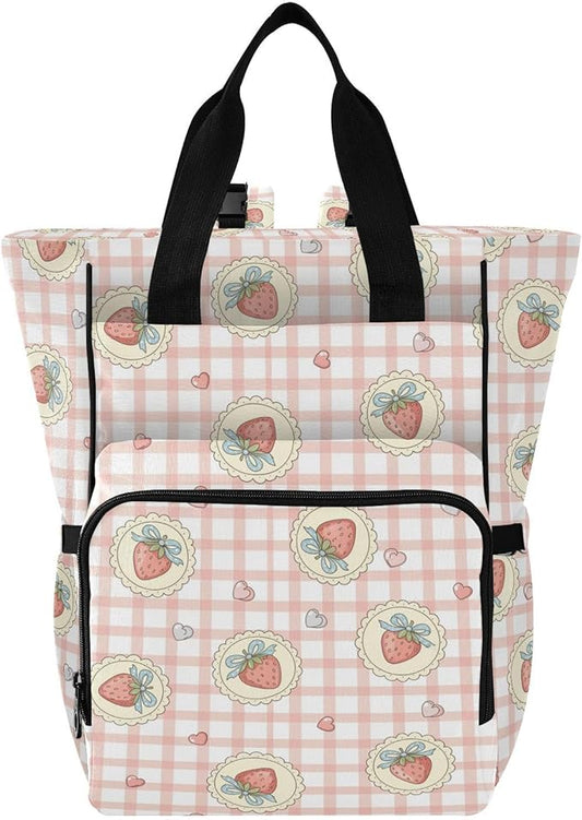 Emelivor Strawberry Heart Gingham Diaper Bag Backpack Large Capacity with Insulated Pockets Baby Bag Diaper Bags for Boy Girl Travel Mom Women Men