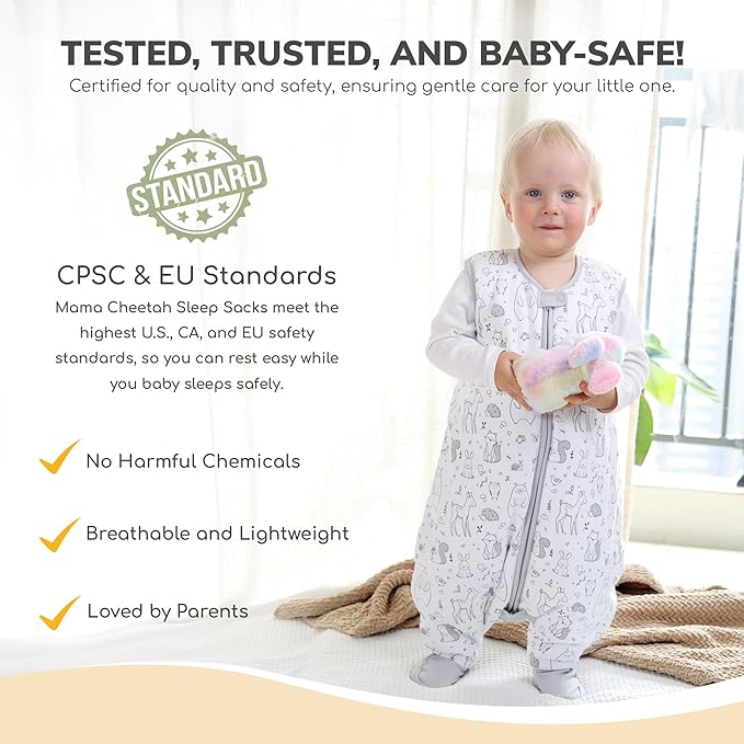 Mama Cheetah Toddler Sleep Sack with Feet 3T - 4T, 2.5 TOG Organic Cotton Baby Sleeping Bag with Legs, Baby Wearable Blankets for Walkers w/ 2-Way Zipper, Baby Sleep Sack for Girls & Boys, Large
