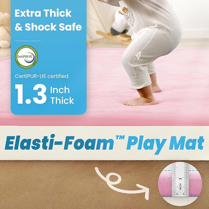 1.3" Thick Baby Play Mat for Floor, 39x59 Foam Tummy Time Mat, Padded Support Soft Plush Nursery Rug for Infant Kids Toddler Crawling Kick Activity (Pink)