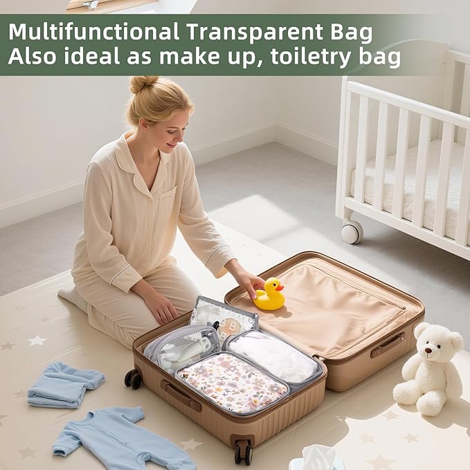 4-Piece Diaper Bag Organizer Pouch Set - Clear Waterproof Travel Toiletry Packing Cubes, Baby Essentials Organizing Bags for Nursery, Grey