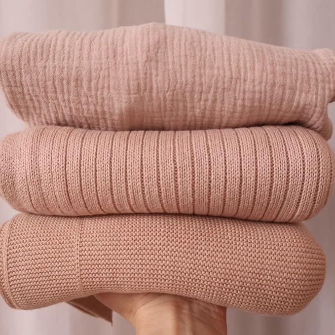 Knitted Organic Cotton Baby Blanket- Swaddle Blanket, 30" x 40" Soft Receiving Blanket for Newborn (Ribbed-Blush)
