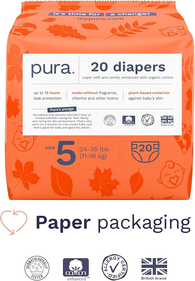 Pura Size 5 Eco-Friendly Diapers (24-35lbs) Totally Chlorine Free (TCF) Hypoallergenic, Soft Organic Cotton, Sustainable Comfort, 12 Hours Leak Protection, Allergy UK,1 Pack of 20 Diapers