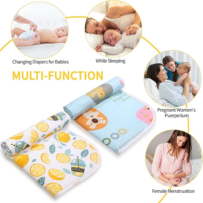 2Pcs Diaper Changing Pads for Baby, Lemon Change Mat, 3Layers Waterproof Change Pad Foldable Absorbent Mats for Women, Reusable Incontinence Underpads for Patient 24''x30'' (Lemon Blue Duck)