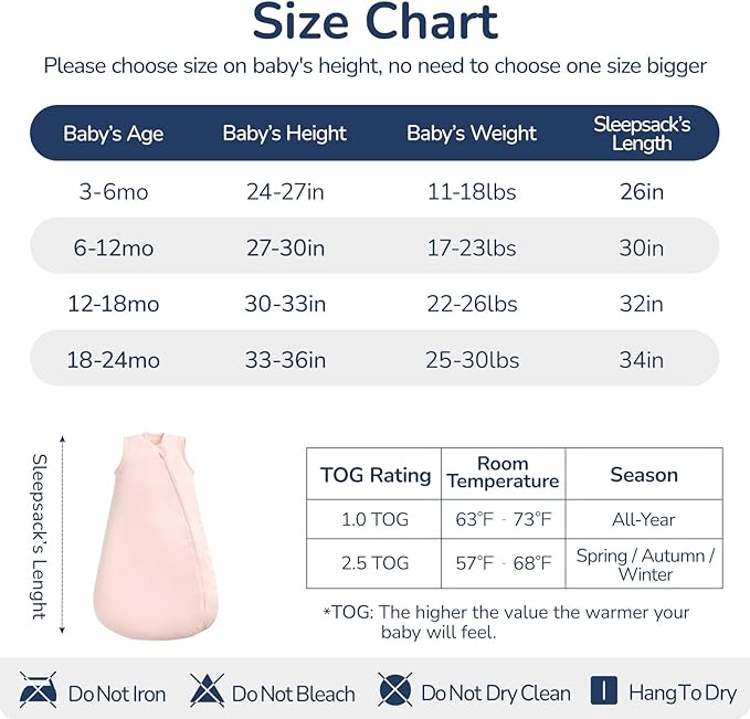 1.0 Tog 2.5 Tog Baby Sleep Sack, 100% Cotton Baby Sleeping Bag 3-24M, 2-Way Zipper Baby Wearable Blanket