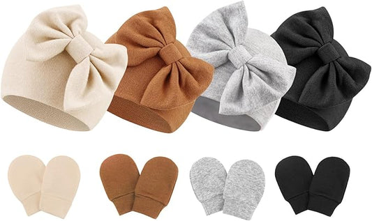 BQUBO Newborn Baby Hats Mittens Set Hospital Hat Beanie Infant Bow Hats Baby Gloves No Scratch Mittens for 0-6 Months