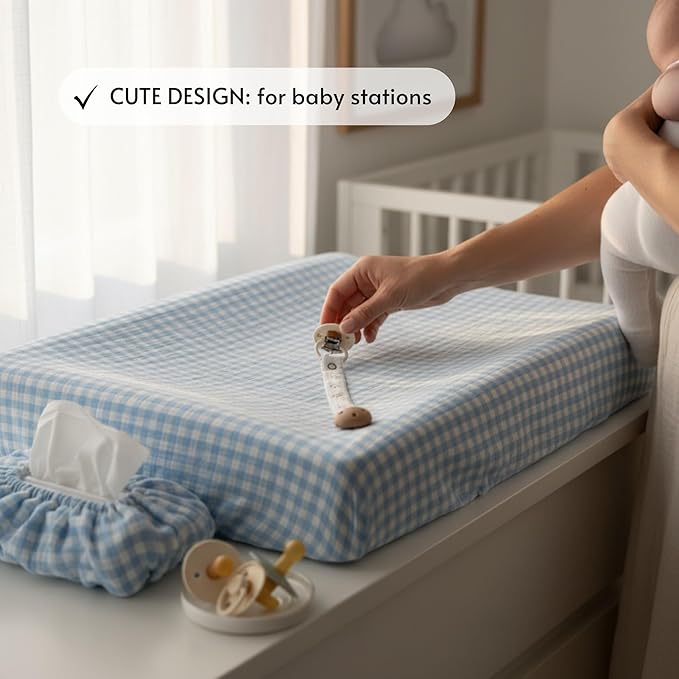 Baby Wipes Cover – Universal Size, One Size Fits All Wipes Packages | Muslin Cotton Tissue Cover for Nursery, Diaper Bag & Changing Table, Station | Gingham & Neutral Patterns (Baby Blue Gingham)