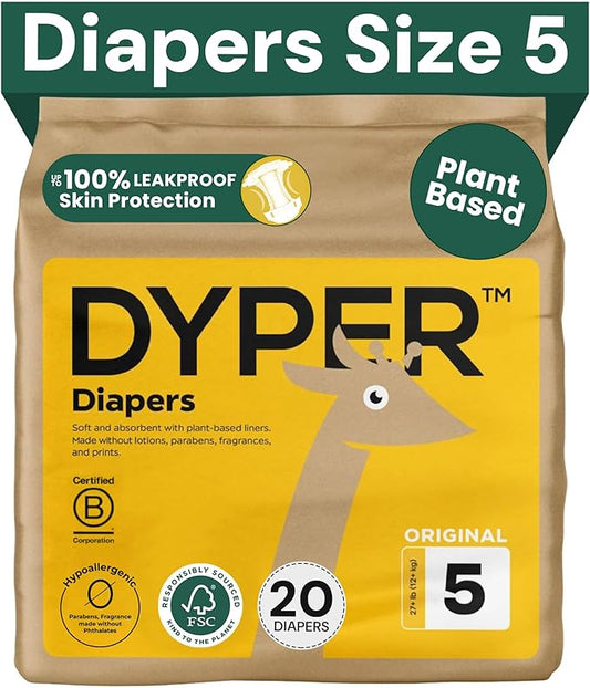 DYPER - Baby Diapers Hypoallergenic Cloth Alternative Day & Overnight Protection - Made with Plant-Based* & Skin-Friendly Ingredients - Size 5 (20 Count)