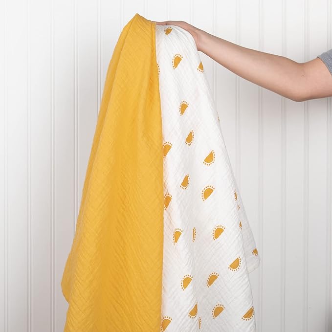 Sticky Toffee Muslin Swaddle Baby Blanket, Yellow Suns, 47 x 47 in, Soft Breathable Oeko-Tex Cotton Newborn Wrap and Receiving Blanket