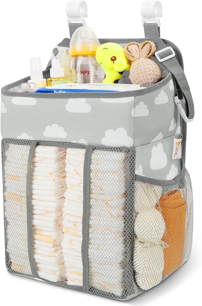 Maliton Hanging Diaper Caddy Organizer - Diaper Stacker for Changing Table, Crib, Playard or Wall & Nursery Organization Baby Shower Gifts for Newborn (Gray Cloud)
