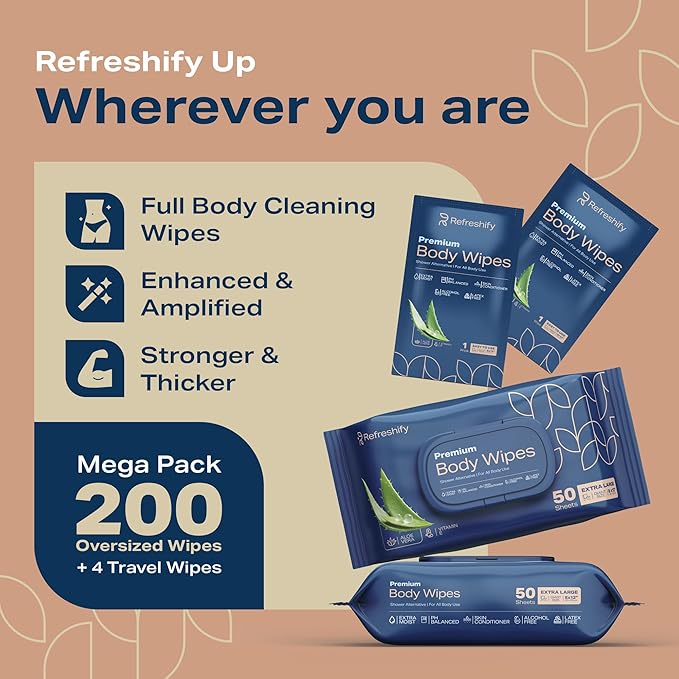 XL Aloe Vera Shower Body Wipes for Adults 8" x 12" (200 count) Adult Wipes for Elderly, Shower Body for Adults Bathing No Rinse, Vitamin E +4 Travel