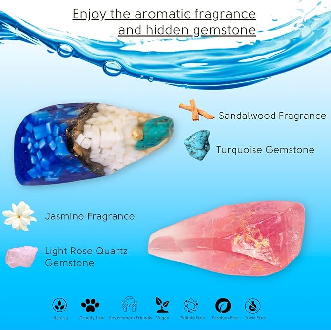 Rock Soap- Soap Rocks set of 2- Gemstone Soaps with Real Crystals inside- Decorative Crystal Soap with Natural Ingredients & Essential Oil- Moisturizing & Scented Fancy Soap Gift for Women & Men