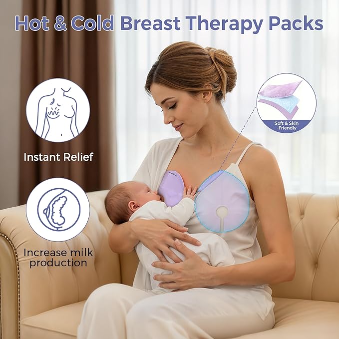 Breastfeeding Essentials Kit for New Moms,Gift Set with Reusable Hot&Cold Breast Therapy Packs/Breastmilk Storage Bags/Silicone Colostrum Collectors for Baby Essentials 58Pcs (Purple)