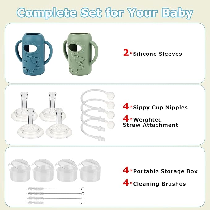 Straw Cup Conversion Kit with Silicone Sleeves for Dr. Brown's Narrow Glass Baby Bottle 4oz,Anti Breakage Baby Bottles Replacement Kit with Handle and Soft Straw Top,6m+,Set of 4