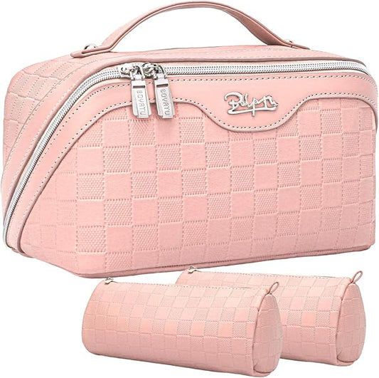 BOYATU Travel Makeup Bag Organizer Cosmetic Bag: 3 Pcs Set Make up Bags for Women with Handle - Waterproof Vegan Leather Toiletry Bags Travel Essentials Pouch with Compartments (G-13-Pink)