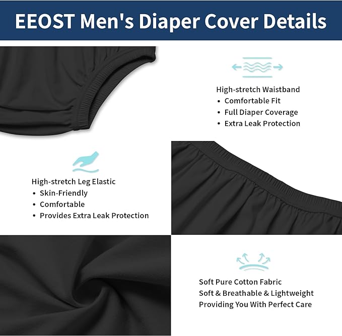 Adult Diaper Cover for Incontinence Noiseless Leak-Protection Underwear Plastic Pants Over Diapers Waterproof Rubber Pants (Black, 3XL(Men Size))