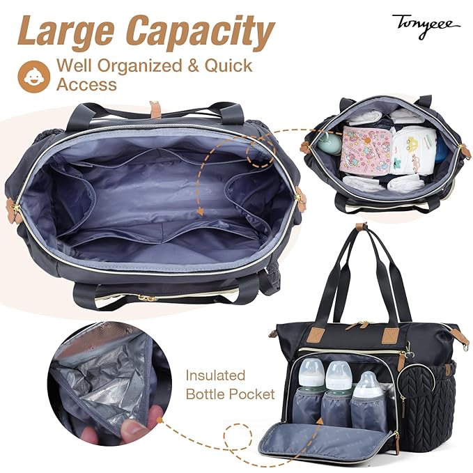 Diaper Bag Tote, Large Diaper Bags Waterproof, Hospital Bag for Labor Delivery, Baby Bag with Pacifier Case, Travel Diaper Tote with Changing Pad, Black