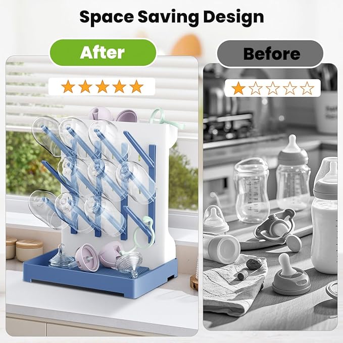 Baby Bottle Drying Rack: Vertical Space Saving Large Bottles Holder - Standing Boon Dryer Rack Baby Accessory - Countertop Holds Up to 12 Bottles & Pump Part Cleaning & Cup (Blue) (Blue)