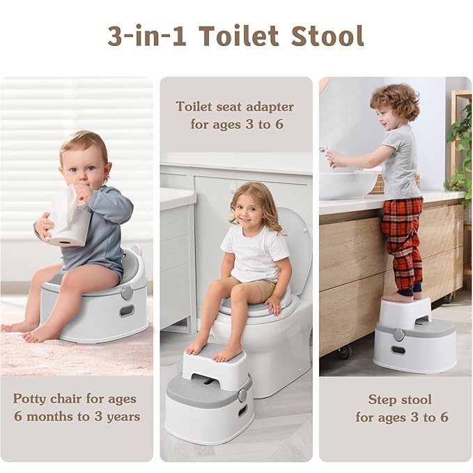 3-in-1 Potty Training Toilet, Portable Potty, Potty Training Seat and Toddler Step Stool, Easy Setup and Clean, Anti-Slip Toddler Potty Trainer for Boy Girl,Grey