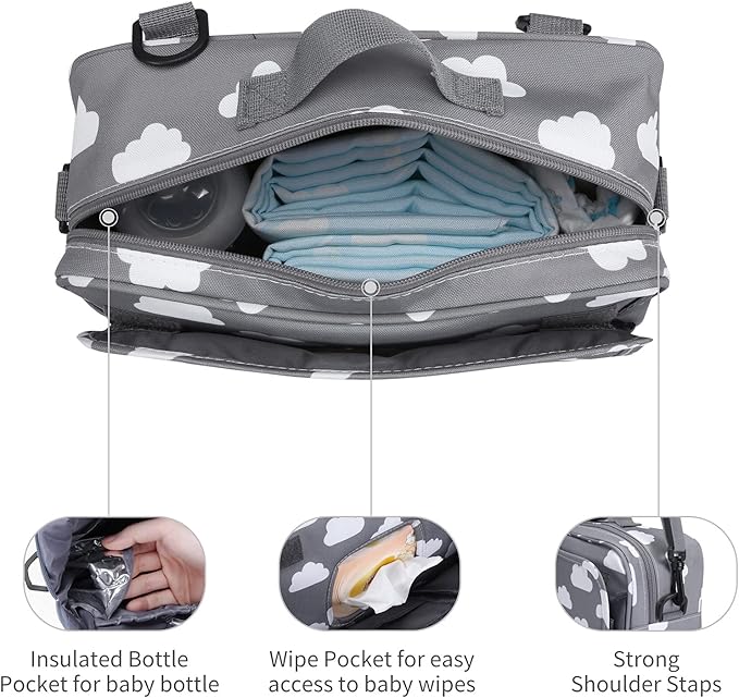 Small Diaper Bag, Stroller Organizer Bags for Baby with Insulated Pocket, Stroller Hooks and Adjustable Strap,Universal Mini Diaper Tote Bags Fit All Strollers, Gray