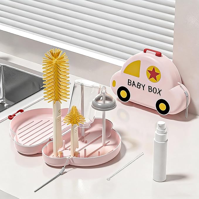 Professional Baby Bottle Brush Set - 360-degree Rotating Cleaning Brush, Nipple Brush, Straw Brush, Multi-Functional Bottle Cleaning Tool (Pink)