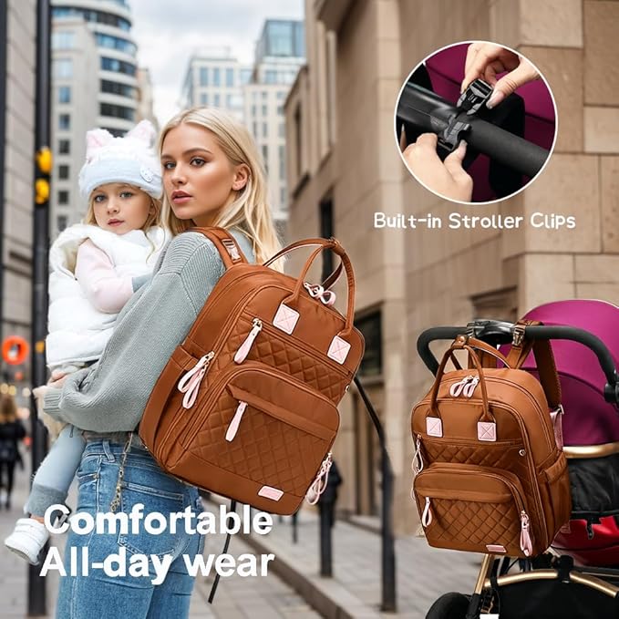 18 Pockets Large Diaper Bag Backpack with Waterproof Pockets and Stroller Buckle, Convertible Baby Bag (Brown, Large)