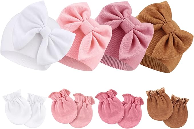 Newborn Baby Hats and Mittens Set Infant Bow Beanie Cap Toddler Gloves Newborn Hospital Hats for Baby Boy Girl 0-6 Months