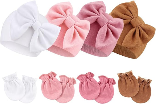 Newborn Baby Hats and Mittens Set Infant Bow Beanie Cap Toddler Gloves Newborn Hospital Hats for Baby Boy Girl 0-6 Months