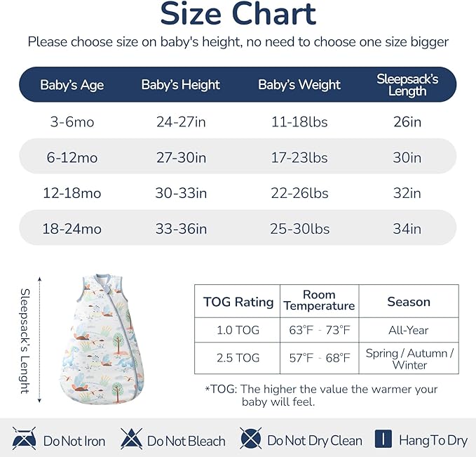 1.0 Tog 2.5 Tog Baby Sleep Sack, 100% Cotton Baby Sleeping Bag 3-24M, 2-Way Zipper Baby Wearable Blanket