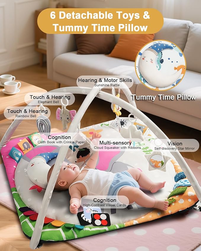 Baby Play Gym with 4 Developmental Zones – Tummy Time Mat & Activity Mat with 6 Sensory Toys, Visual Cards & Pillow – Baby Essentials & Ideal Gift for Newborns