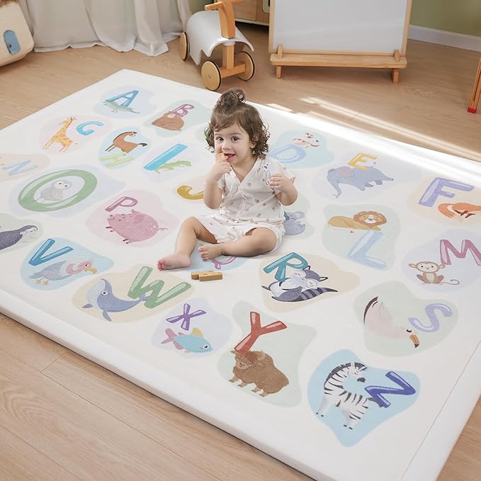 1.3" Thick Educational Baby Floor Play Mat 59x79, Basic Padded Memory Foam Kids Mat, Non-Slip Plush Playmat for Nursery Playroom Classroom (ABC Animal)