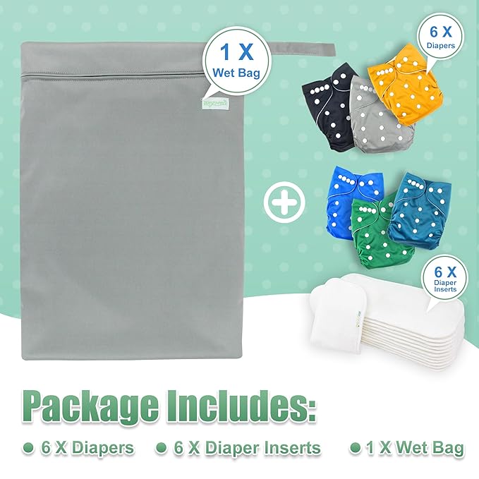 wegreeco Cloth Diapers 6 Pack with 6 Inserts & 1 Wet Bag, Washable Cloth Diapers for Babies, One Size Adjustable Reusable (Boy Prints 02)