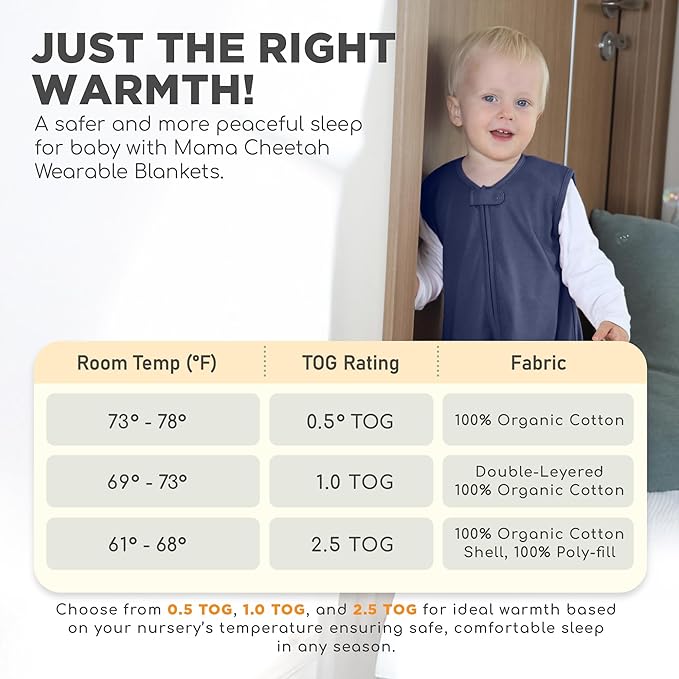 Mama Cheetah Toddler Sleep Sack with Feet, 0.5 TOG Organic Cotton Baby Sleeping Bag with Legs, Baby Wearable Blankets for Walkers w/ 2-Way Zipper, Baby Sleep Sack for Girls & Boys, Early Walker 3-4 T