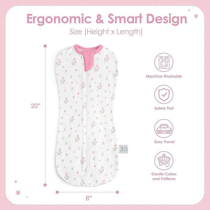 Baby Swaddle 0-2 Months, Cotton Arm-In Zipper Sleep Sack, Wearable Blankets Wrap for Newborn Infant Girls (Floral, Pack of 1)