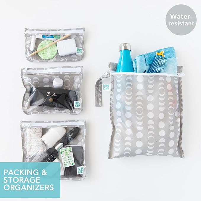 Bumkins - Waterproof Wet Bag & Clear Travel Bags - For Beach, Baby, Travel, Swim Suit, Cloth Diapers, Pump Parts, Pool, Gym, Toiletries - Reusable & Easy to Clean - Lunar Gray - 4 Pack