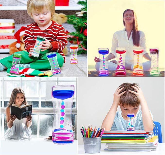 Liquid Motion Bubbler Timer Pack of 4 Colorful Hourglass Liquid Bubbler ADHD Fidget Toy Sensory Toys Anxiety Toys Autism Toys Children Activity Calm Relaxing Desk Toys for Kids Teenager Adults