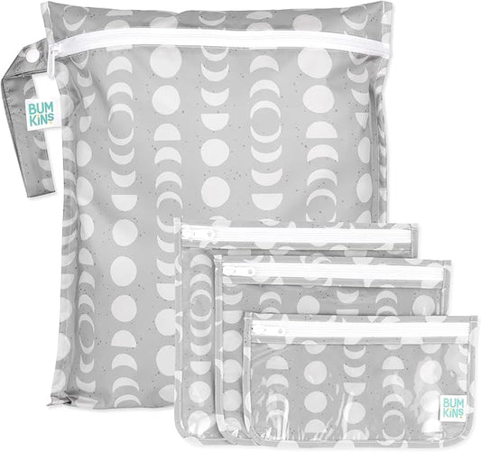 Bumkins - Waterproof Wet Bag & Clear Travel Bags - For Beach, Baby, Travel, Swim Suit, Cloth Diapers, Pump Parts, Pool, Gym, Toiletries - Reusable & Easy to Clean - Lunar Gray - 4 Pack