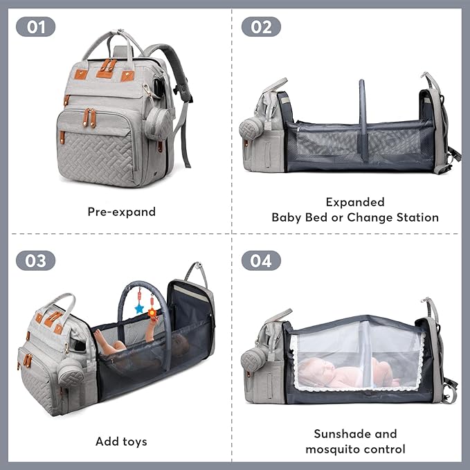 Diaper Bag Backpack with Changing Station, Large Diaper Bag For Boys And Girls, Multifunctional Waterproof Travel Diaper Backpack, Baby Bag with USB Charging Port for Moms Dads, grey