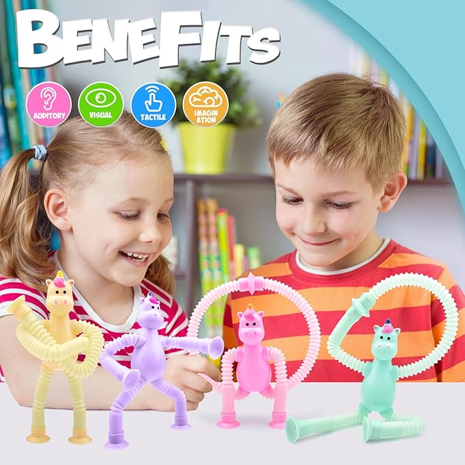 4Pcs Telescopic Suction Cup Unicorn Toys,Sensory Toys for Kids 3-5 5-7,Toddler Toy,Fidget Toy,Toddler Travel Essential for Airplane,Pop Tubes, Christmas Stocking for Kids Boys Girls H