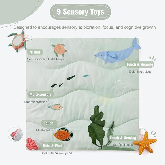 Spirich 9-in-1 Tummy Time Mat, Soft Sensory Mat for Infants, Baby Play Gym Mat, Newborn Essentials Shower Gift