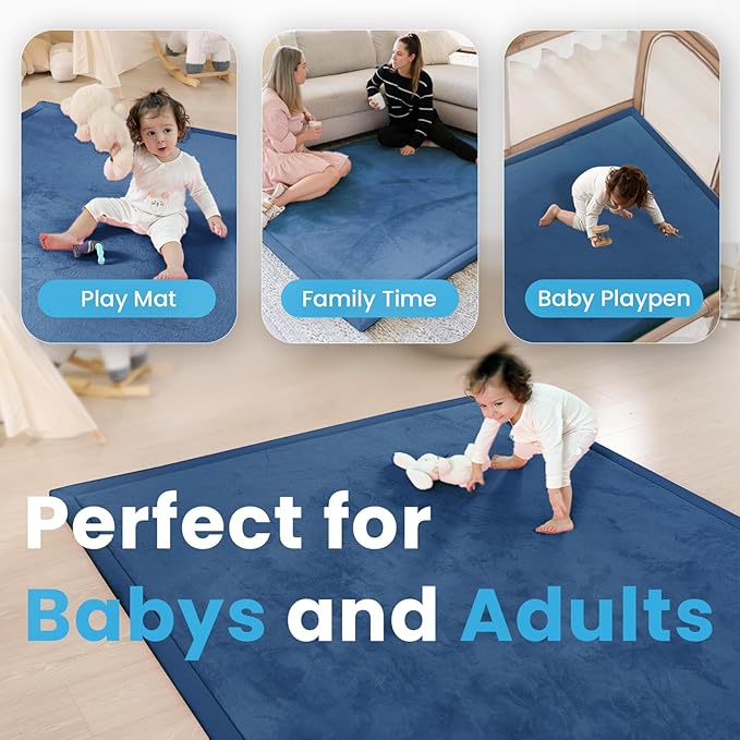 1.3" Thick Baby Play Mat for Floor, 79x79 Large Foam Tummy Time Mat, Padded Support Soft Plush Nursery Rug for Infant Kids Toddler Crawling Kick Activity (Royal Blue)