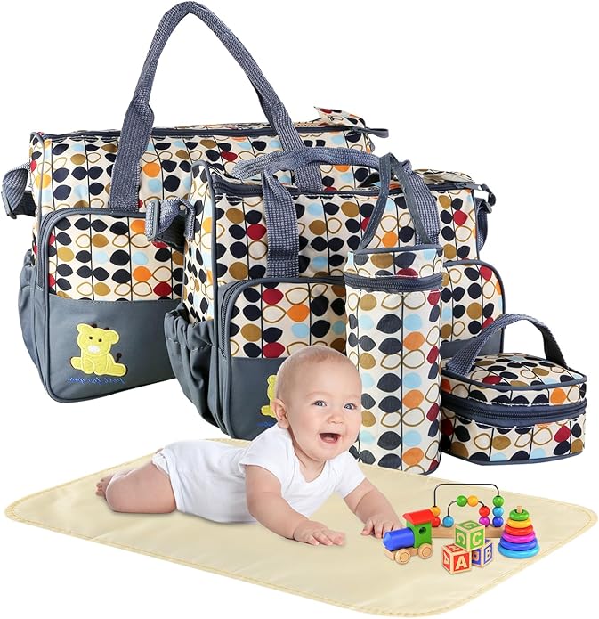 5PCS Diaper Bag Totes Set, Large Diaper Tote, Waterproof Maternity Bags, Cute Baby Diaper Organizer with Bottle & Food Bag