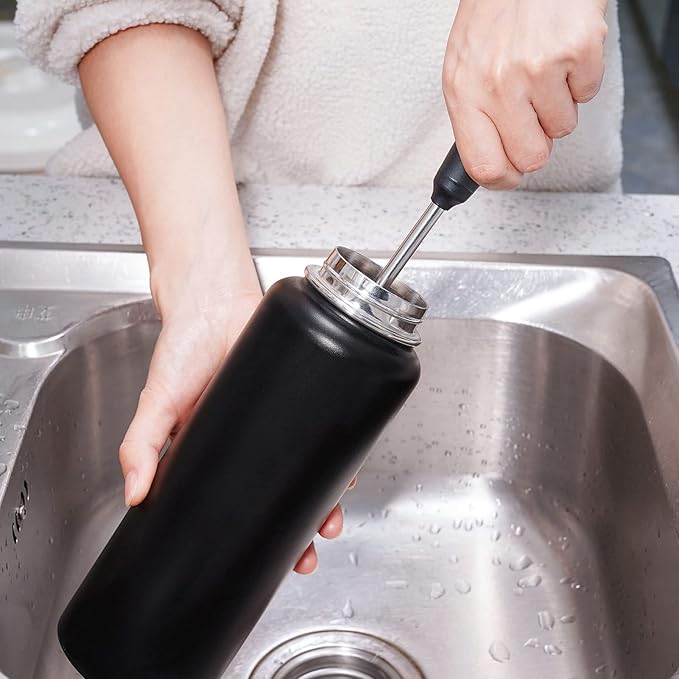 Water Bottle Cleaning Brush with 2 Replaceable Heads, Compatible with Sport Bottles, Tumblers, Mugs, Wine Decanters, Glassware, Round, 1 Pack (15 in)