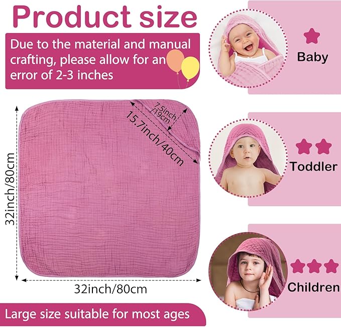 VitalCozy 6 Pcs Baby Muslin Hooded Bath Towels and Washcloths Muslin Cotton Hooded Baby Towels Absorbent Blankets for Gift Newborn Infant Shower (32 x 32 Inch,Rose Red,Pink)