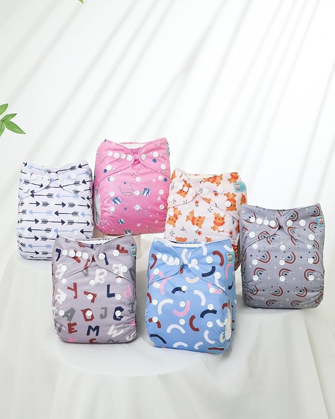 ALVABABY Baby Cloth Diapers 6 Pack with 12 Inserts Cloth Diaper Covers Adjustable Washable Reusable for Baby Girls and Boys 6DM123A