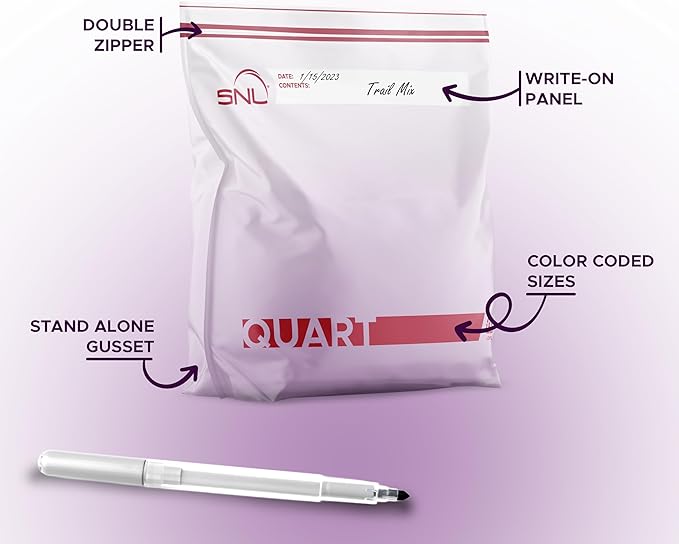 Quart Food Bags by SNL -100 Bags- Leak-Proof, Clear, Write-On Block, Reclosable, Disposable Storage Bags, Double Seal Zippers with Clicking Noise Zip Confirmation, Stand-Alone Gusset, Easy Dispensing