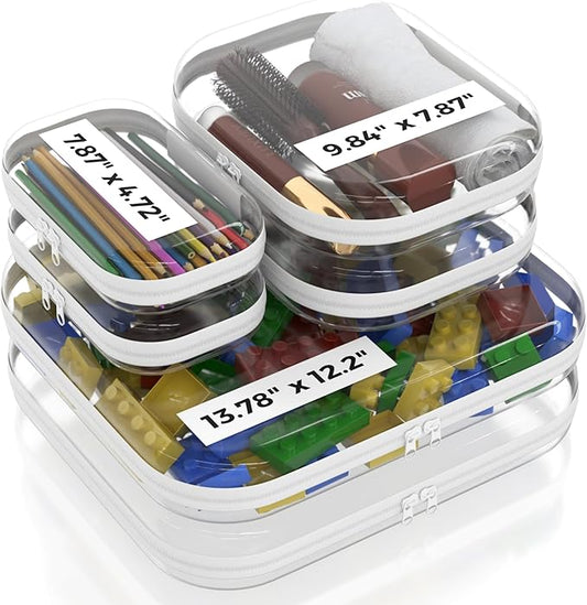 Extra Large 13.7" Durable Clear Hard Shell Zipper Case 6 Pack, 2x Large, 2x Medium, 2x Small, Clear Travel Makeup Case, Hard Plastic Travel Toiletry & Cosmetic Bag, Toy & Make Up Organizer Pouch