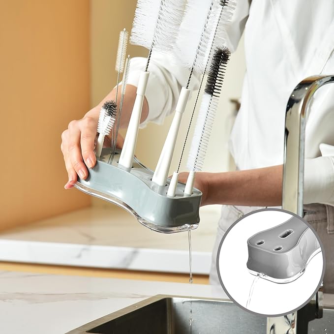 ALINK 8 Pack Bottle Brush Cleaning Set with Stand, Long Handle Bottle Cleaner with Holder for Narrow Neck Beer Wine Brewing Bottles, Stanley, Baby Bottles, Tumblers, Drinking Glasses, Straws