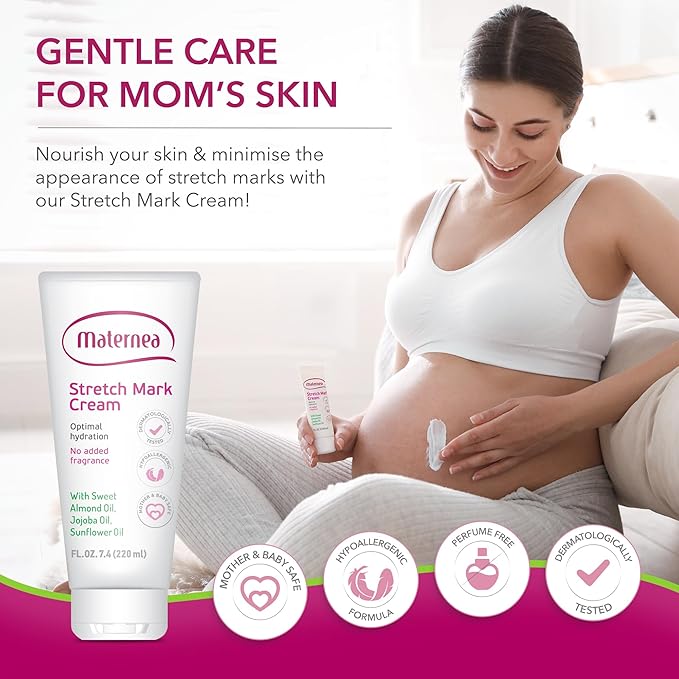 Stretch Mark Cream for Pregnancy – Nourishing Maternity Skin Care with Almond, Jojoba Oils, Vitamins C and E – Helps Hydrate and Improve The Look of Stretching Skin – 7.44 FL. OZ. (220ml)