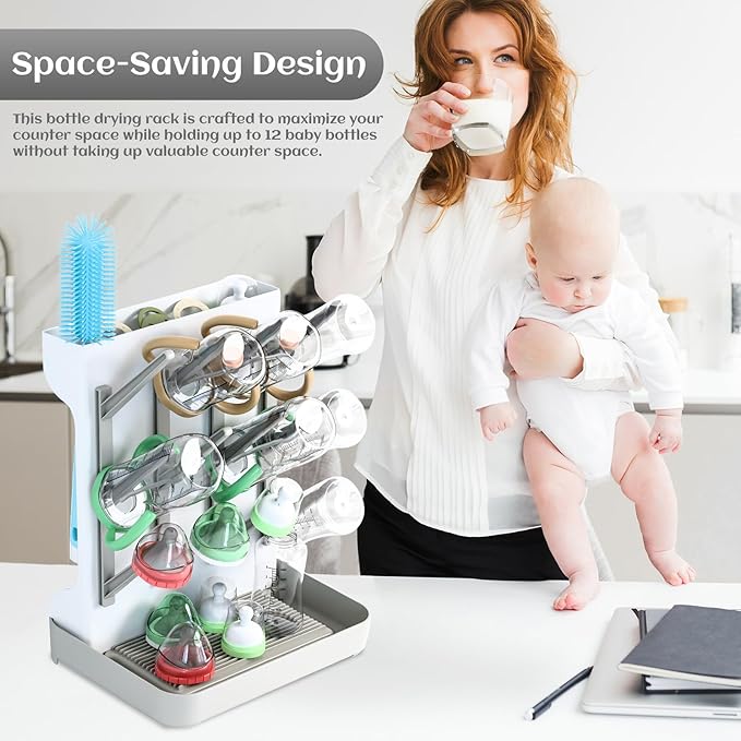 Baby Bottle Drying Rack - Vertical Space Saving Design with 12 Pegs, Holds Bottles, Pump Parts & Pacifiers, Dishwasher Safe & Quick Drain, Gray